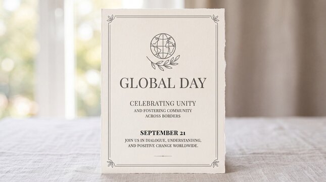 Minimalist global day event announcement card featuring a globe and olive branch illustration on textured paper displayed elegantly on a neutral tabletop setting surface