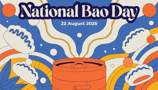 National bao day celebration graphic with colorful steam and dumplings