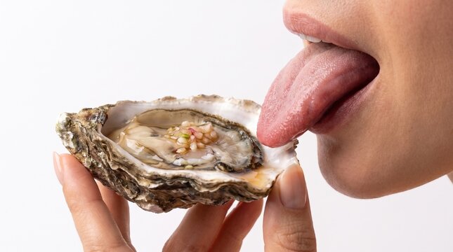 Close Up of Woman Tongue Licking Fresh Raw Oyster Isolated on White Background