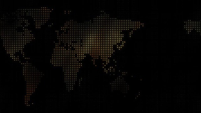 Metallic gold glowing digital world map made of animated square dots on black background.