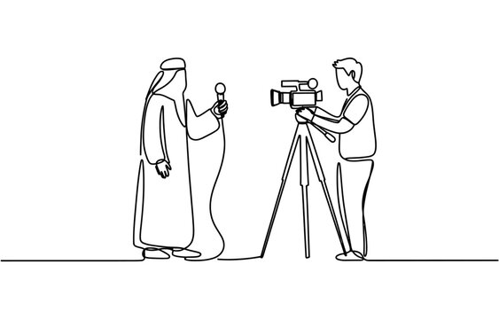 Continuous line drawing of a cameraman filming an arab man speaking into a microphone for a news report or interview