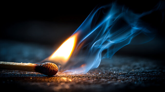 macro shot of a burning matchstick with blue smoke against dark background representing fire ignition and danger concept