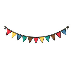Fototapeta premium Charming Colorful Bunting Garland Composed Of Triangular Flags In Red, Yellow, Blue, Green, Brown Attached To A Rope, Festive Vector Illustration