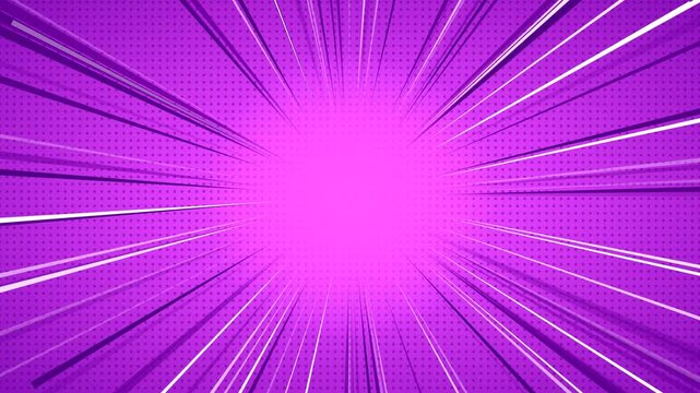 Purple comic book speed lines background with halftone dots
