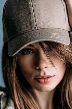 Woman face baseball cap beauty portrait closeup fashion female casual hat model young lip eye eyelash eyebrow skin hair hairstyle brunette beige textile fabric streetwear outdoor soft light