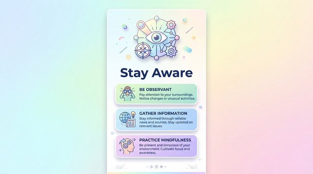 Digital infographic design featuring a stay aware concept with an illustrated eye icon and three informational blocks about mindfulness with sections awareness information