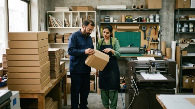Father and daughter checking packaged goods in warehouse. Man and girl reviewing inventory supplies for retail business.