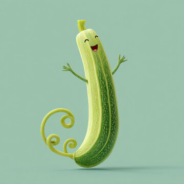Cute cartoon zucchini character happily waving against a light green background in a playful and cheerful setting