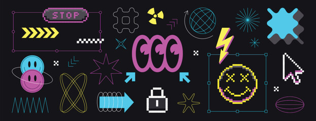 Trendy acid graphics design element bundle with cyberpunk neon shapes grid patterns and icons vector © mita