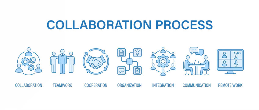 Collaboration process icons set. Business teamwork and remote communication vector graphics.