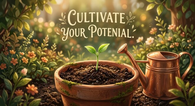 A young seedling growing in a pot next to a watering can, symbolizing growth and potential with inspirational text "Cultivate Your Potential."