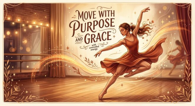 Ballerina dancing gracefully in studio with inspirational text "Move with Purpose and Grace"