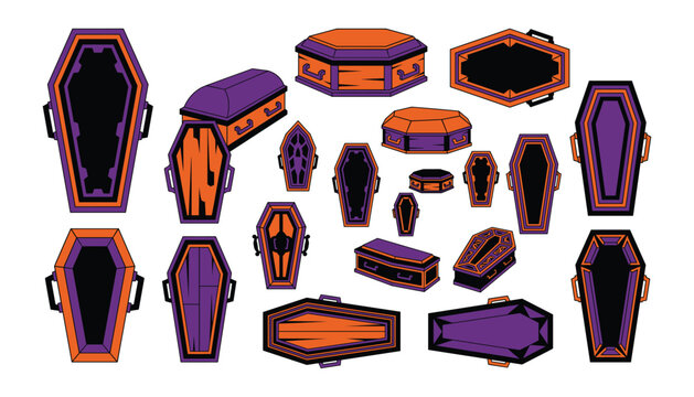 Collection of Halloween coffins with purple and orange accents on a white background vector icon