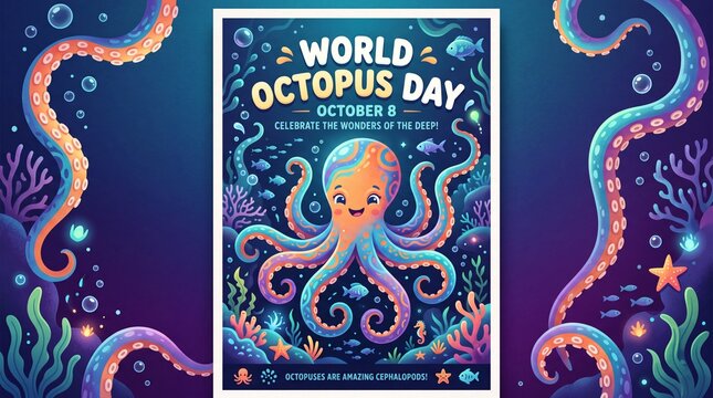 Vibrant world octopus day celebration poster featuring a cute cartoon cephalopod surrounded by colorful coral reefs and marine life in an enchanting underwater scene