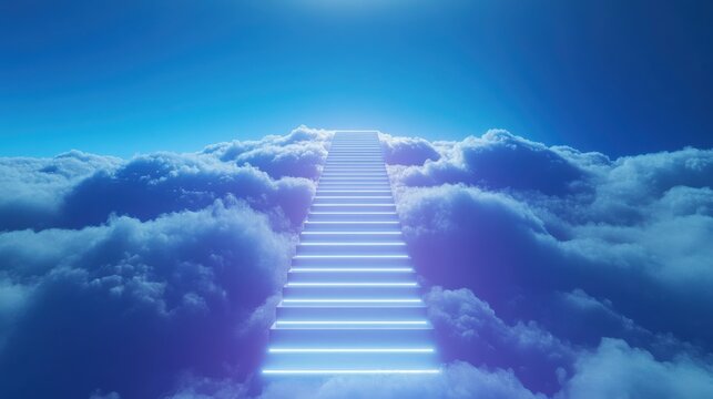 Stairway made of radiant blue light rises majestically through a dense layer of fluffy clouds, forming an abstract bridge between the earthly realm and a boundless atmosphere of pure imagination.