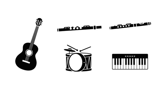 Collection of black musical instrument icons including guitar flute keyboard and drum set on white background with musical instruments arranged