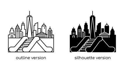 Fototapeta premium Modern Cityscape Icons: A set of minimalist graphic icons representing a modern city skyline with escalators, presented in both outline and silhouette versions, ideal for web design and branding.