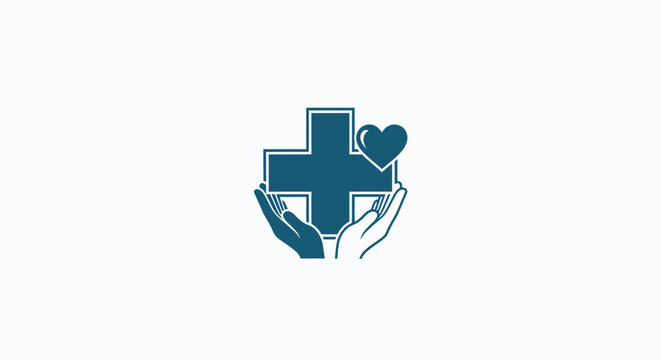 Hands holding a medical cross with a heart with cradling blue medical pair hands healthcare background support symbol white help icon with aid