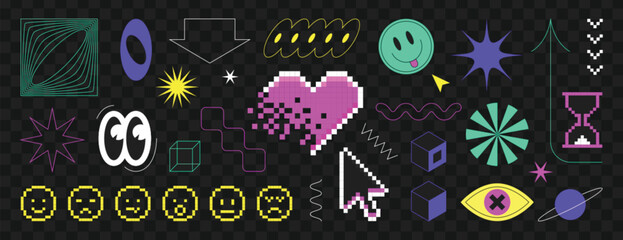 Creative pixel art sticker collection featuring vintage computer media icons and gaming control elements vector © mita