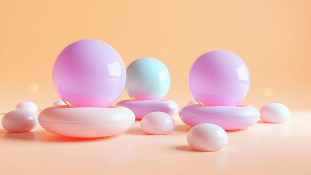 Pastel spheres, oblong shapes rest upon surface. Soft lighting creates dreamy, minimalist composition. Colors blend gently.