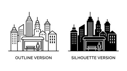 Obraz premium Cityscape Bus Stop: A stylized representation of a city skyline featuring a bus stop with a lone silhouette waiting. Includes both an outline and silhouette version for versatile design applications.