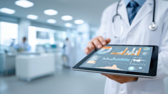 Doctor holding a digital tablet showing medical charts, blurred hospital background