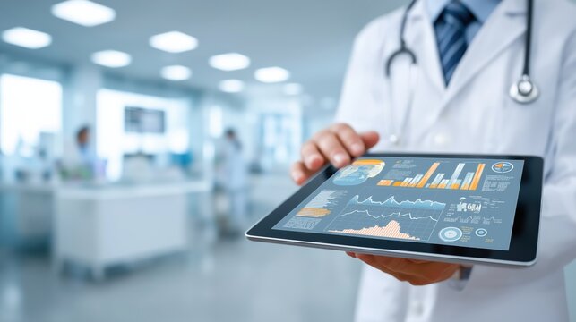 Doctor holding a digital tablet showing medical charts, blurred hospital background
