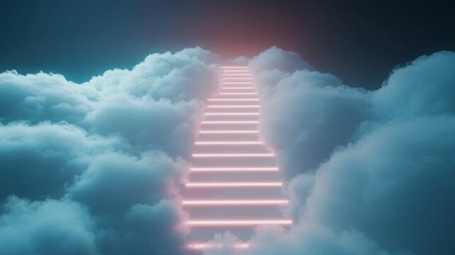 Stairs rise gently into a dense misty sky, illuminated by a warm pink glow that suggests a transition between different states of consciousness or a dreamlike passage to discovery.