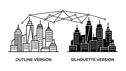 Urban Landscape Comparison: A striking visual comparing the outline and silhouette versions of a modern city skyline, connected by an abstract network, symbolizing connectivity and urban development. © Al
