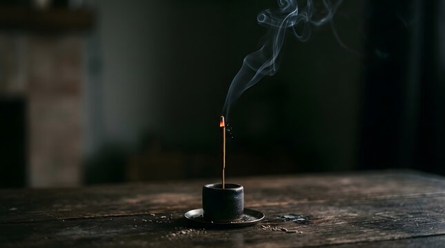 Burning incense stick in small holder releasing wisps of smoke on dark wooden table