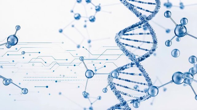 Blue 3D DNA helix and molecular structure with digital network visualization