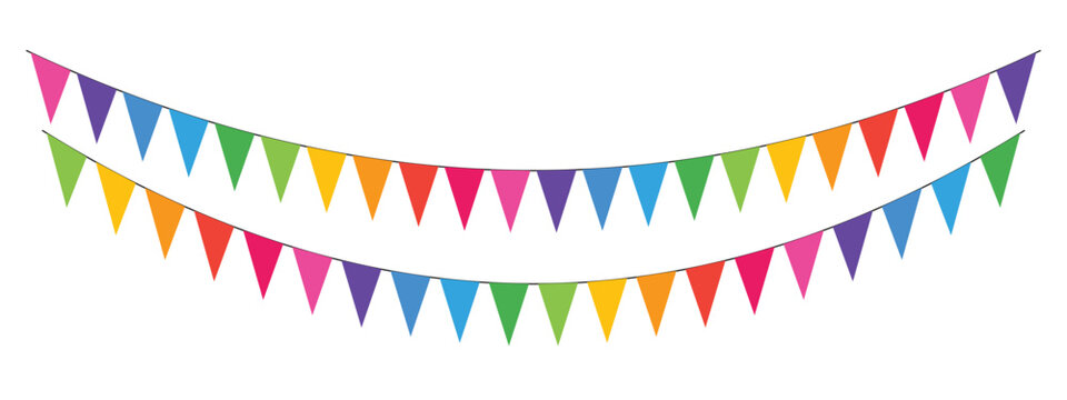 two rows of colorful triangle bunting flags on curved strings. hanging party garland in rainbow colors. festive pennant banner. flat simple illustration on white
