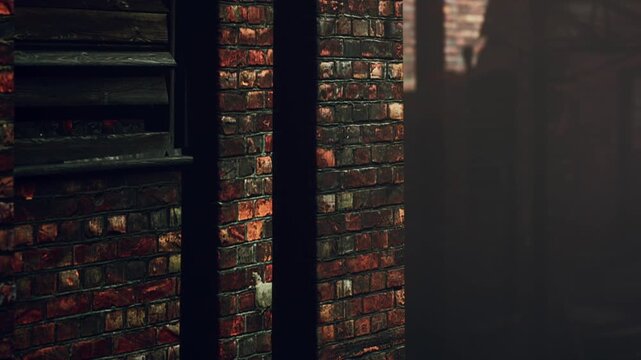 The scene shows a brick wall partly illuminated by dim light. Shadows create depth and mystery in the urban area. The wall has a small ledge and shows signs of age and wear.