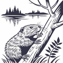 A beaver gnawing on a tree trunk near a river with a forest background, monochrome nature wildlife animal