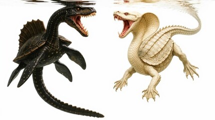 Fototapeta premium Two prehistoric imaginary reptiles face to face