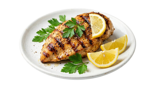 Grilled chicken breast on white plate with lemon slices and fresh parsley leaves isolated on transparent background for food design.