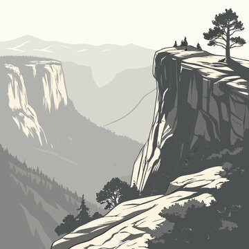 Artistic of a towering mountain cliff edge with a single pine tree overlooking a deep valley on a clean white background