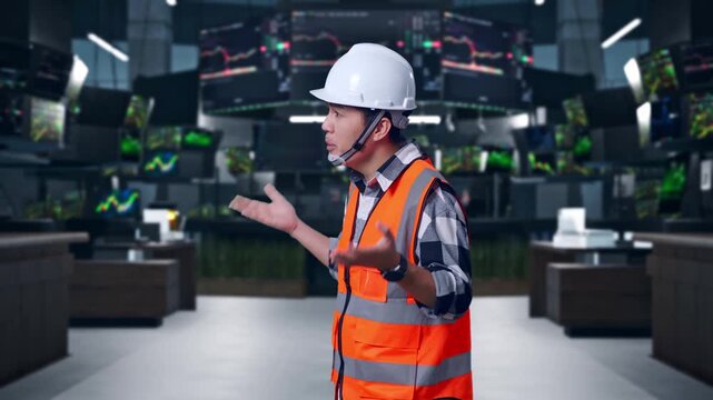 Side View Of Wondering Asian Male Engineer With Safety Helmet Saying Why Working Doubtfully at Financial Trading Control Room