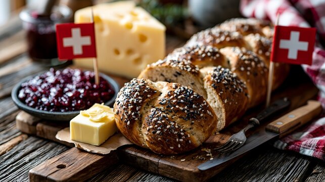 Traditioneller Schweizer Zopf mit K&auml;se und Fahnen zum 1. August