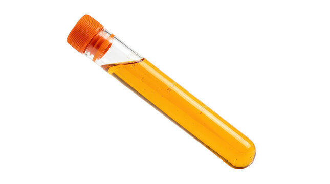 Small glass test tube filled with orange liquid angled on transparent background scientific experiment or cosmetic product ready for analysis or use.