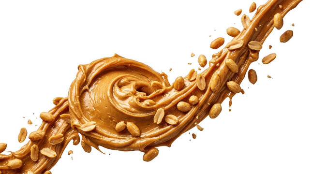 Dynamic peanut butter swirl splash with whole roasted nuts isolated on transparent background for food advertising design concepts.