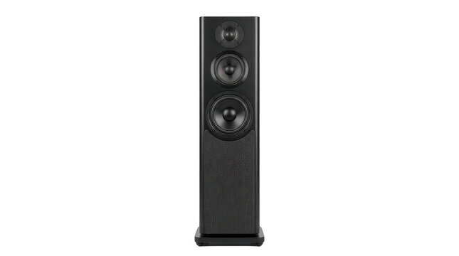 Modern black floor standing speaker with three drivers isolated on transparent background for home theater and audio system layouts.
