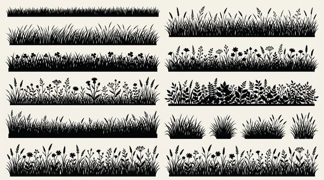 A premium collection of realistic grass border vector silhouettes featuring a diverse assortment of wild grass, meadow plants, lawn edges, botanical ground cover, and natural vegetation elements. The 