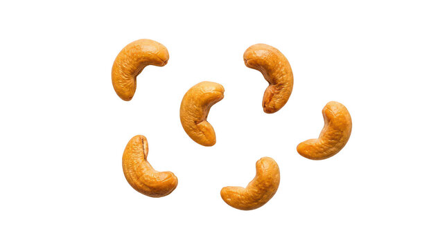 Five roasted cashew nuts scattered in circle on transparent background, healthy snack food ingredient organic protein rich crunchy treat.