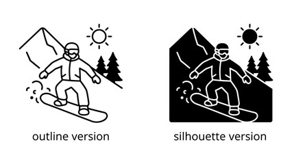 Snowboarder in Action: A stylized illustration of a snowboarder carving down a snowy slope, with mountains, trees, and a sun in the background, presented in both outline and silhouette versions. © সৈয়দ আল আমিন