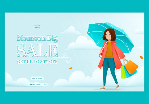 Editable Monsoon Big Sale TV Ads Banner Design with Up to 30 Percent Off and Illustration of Young Girl Holding Shopping Bags Under Umbrella in Rain.