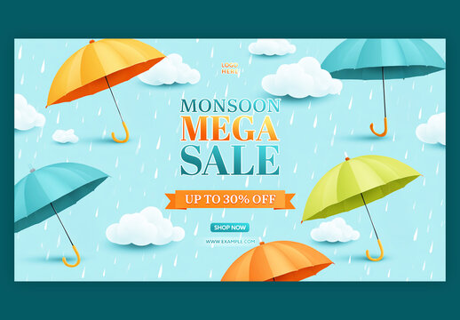 Editable Monsoon Mega Sale TV Ads Banner Design with Up to 30 Percent Off, Colorful Umbrellas and Clouds on Rainfall Blue Background.