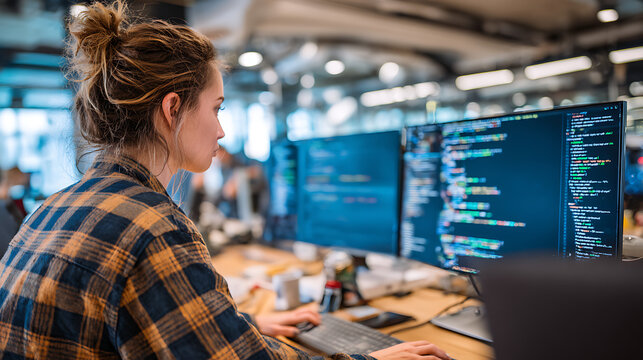 female software developer working intently on computer code displayed on dual monitors in a busy modern startup office