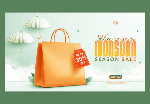 Editable Happy Monsoon Season Sale TV Ads Banner Design with Up to 30 Percent Off Tag on Handbag and Hanging Umbrellas on Pastel Background.
