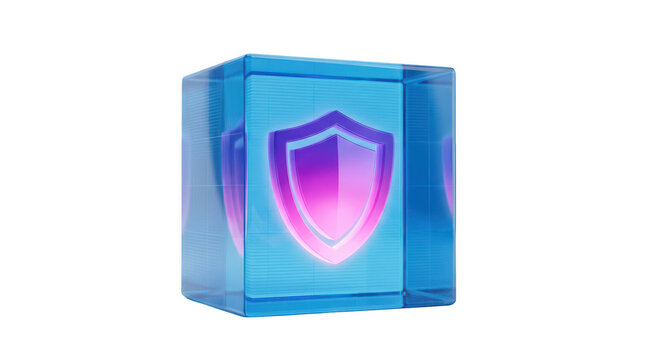 Abstract three dimensional glass cube icon with glowing neon purple shield symbol floating inside isolated on transparent background.